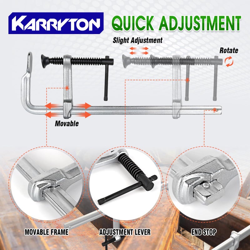 KARRYTON 4-Pack 12""(300x80mm) F Clamp w/ 3"" Throat Depth, Bar Size 5/8""x5/16"", 600LB Clamping Force, Drop Forged Steel Bar Clamps for Wood, Metal, Pipe, Welding and DIY Projects - Image 4